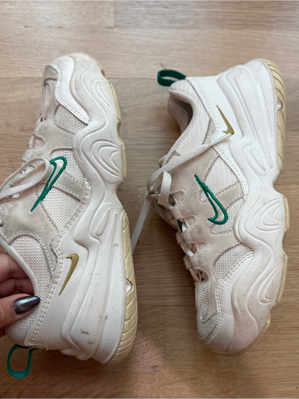 Nike Cream Chunky Sneakers with Green & Gold Swooshes